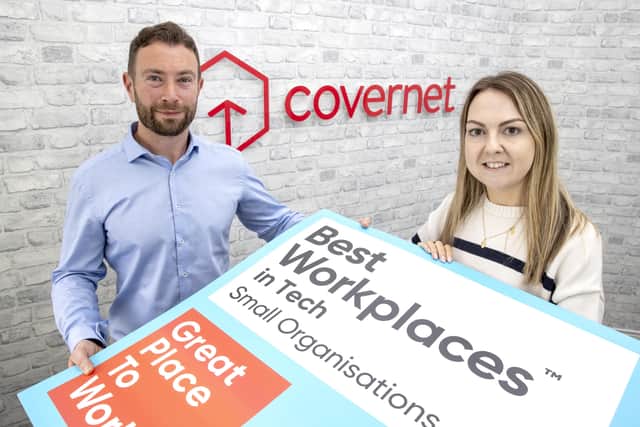 Pictured celebrating their success is Covernet managing director Lee Stuart along with Software Developer Gemma Laird