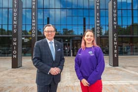Queen’s vice-chancellor Professor Ian Greer and Students’ Union president Emma Murphy outside the new building