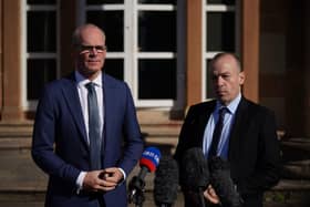 Northern Ireland Secretary Chris Heaton-Harris and Irish Foreign Affairs Minister Simon Coveney during a press conference at Hillsborough Castle on Wednesday