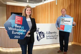 Liberty IT’s Emma Mullan, senior director of Talent and Jonathan White, senior director of Engineering are pictured at the announcement that the industry leader in digital innovation has been named as one of the ‘Best Workplaces in Tech’ for the fourth consecutive year and its parent company, Liberty Mutual, has been ranked amongst the top 25 ‘Best Workplaces in Europe’ by the global authority on workplace culture, Great Place to Work-- Fiona BrownFiona Brown Communications (t) +44 (0) 7887 864641?(e) fiona@fionabrowncommunications.com?(w) fionabrowncommunications.com