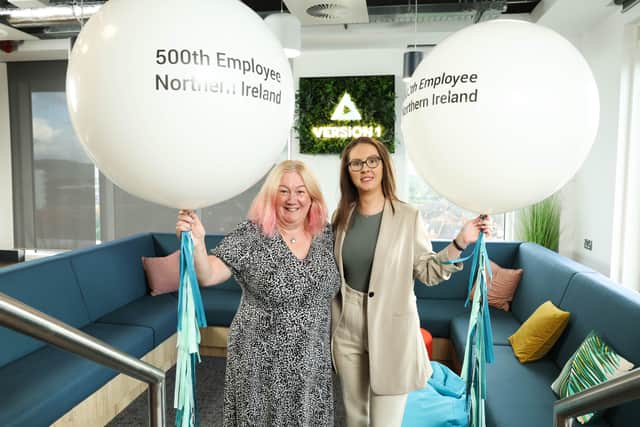 Pictured are Version 1’s 500th employee Bronagh Sweeney and the director of operations and business in Belfast Lorna McAdoo