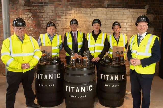 Economy Minister Gordon Lyons and Mel Chittock, Invest NI Interim CEO with Titanic Distillers directors Peter Lavery, Sean Lavery, Richard Irwin and Stephen Symington