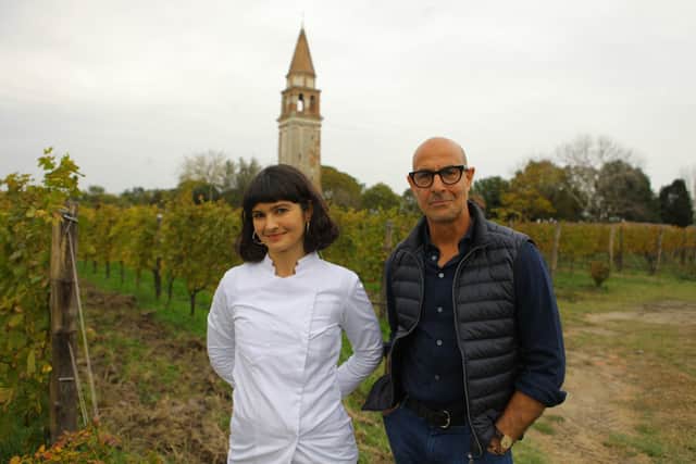 Stanley Tucci and chef Chiara Pavan at Ristorante Venissa in Venice