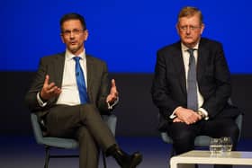 Steve Baker (left), Minister of State at the Northern Ireland Office, and Lord Caine, Parliamentary Under Secretary of State at the Northern Ireland Office, speaking at the Conservative Party annual conference at the International Convention Centre in Birmingham on Sunday. Photo: Jacob King/PA Wire