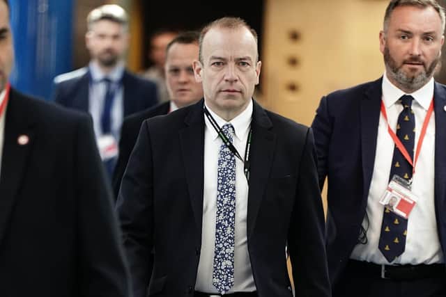 Northern Ireland Secretary Chris Heaton-Harris at the Conservative conference yesterday. He was unaware of a rumour of a protocol deal and sure enough the rumour was later dismissed by the EU. The DUP, which is not at the event, said it engaged with Mr Heaton-Harris and others in NI or Westminster. Photo: Aaron Chown/PA