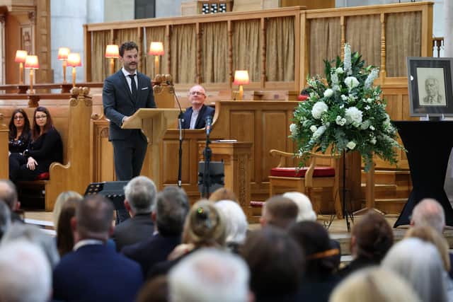 Jamie Dornan at the memorial service for his dad,

 Jim Dornan, at St Anne's Cathedral Belfast on Sunday. Pic Darren Kidd Presseye