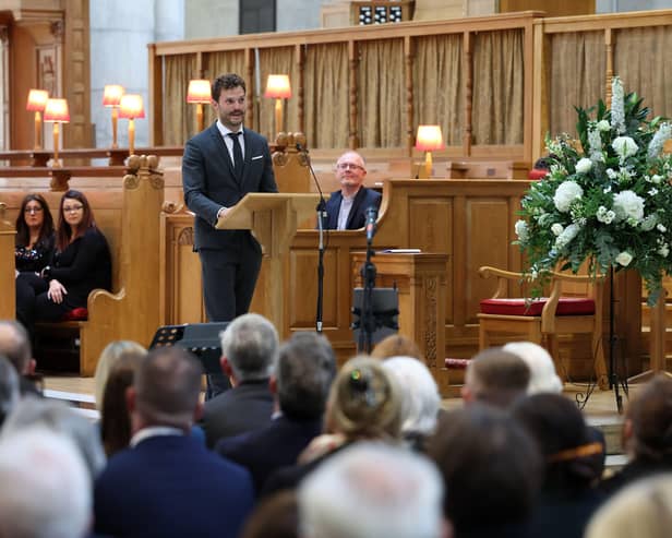 Jamie Dornan at the memorial service for his dad, Jim Dornan, at St Anne's Cathedral Belfast on Sunday. Pic Darren Kidd Presseye