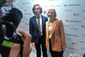 Liz Truss with Matthew Robinson, chair of the Northern Ireland Conservatives at last night’s reception in Birmingham held by Tories from the province. The prime minister said little of substance about the NI Protocol