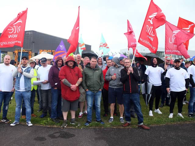 Lisburn and Castlereagh council workers on a picket line in Lisburn when the current strike began on September 6. Photo: Pacemaker