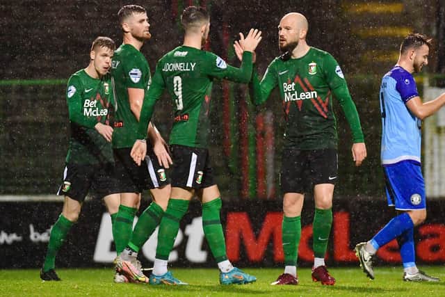Glentoran's Jay Donnelly celebrates after scoring against Warrenpoint Town. Andrew McCarroll/ Pacemaker Press