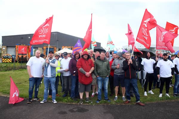 Lisburn and Castlereagh Council workers on a picket in Lisburn when the current strike action began on September 6