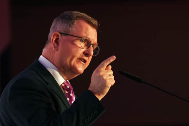 DUP party leader Sir Jeffrey Donaldson addresses delegates at their party conference at the Ramada Hotel in Belfast. 
“Everywhere I go, I get one consistent message from unionists, they want us to work together," he said. Photo: PA Wire