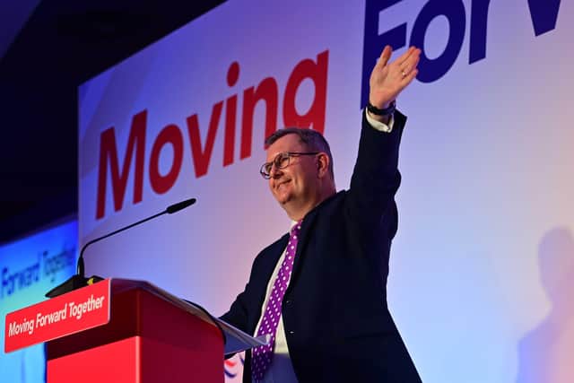 Sir Jeffrey Donaldson during his first speech as party leader at the DUP Annual Conference 2022 at the Crowne Plaza Hotel, Shaw's Bridge, Belfast on Saturday.
The party has not held its annual conference since 2019 because of the pandemic.
Pic Colm Lenaghan/Pacemaker