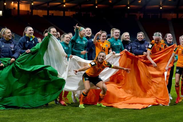 Republic of Ireland players celebrate following victory over Scotland at Hampden Park. A video showed members of the Ireland national women's football team later singing a pro-IRA chant. Photo: Andrew Milligan/PA Wire