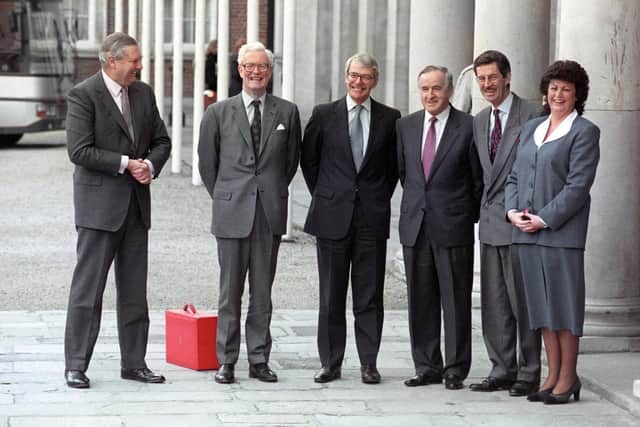 File photo dated 3/12/1993 of British and Irish Ministers at Dublin Castle, (left to right) Sir Patrick Mayhew, Douglas Hurd, John Major, Albert Reynolds, Dick Spring and Maire Geoghegan-Quinn. Former UK foreign secretary Hurd wondered if the Irish government believed then-Sinn Fein leader Gerry Adams to be "on the side of angels", newly released Irish State documents reveal
