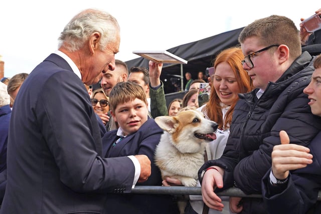 King Charles III meets a woman holding a corgi as he arrives for a visit to Hillsborough Castle, Co Down. Picture date: Tuesday September 13, 2022.:PA:King Charles lll