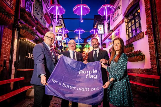 Belfast city centre has once again received the Purple Flag accreditation, recognising its commitment to a well-run, safe, and thriving night-time economy. Pictured are Damien Corr, Wilson Walker, Chris McCracken and Eimear McCracken