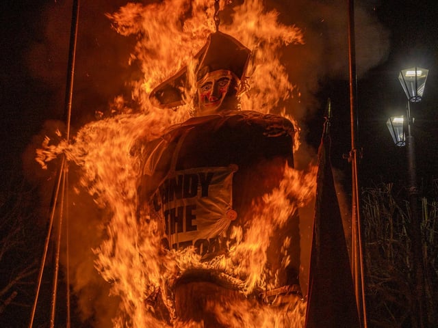 The Apprentice Boys of Derry gathered in Londonderry’s Bishops Street to burn the effigy of Colonel Robert Lundy who wished to surrender the City at the beginning of the Siege of 1688. The burning of the figure is an annual event which was delayed due to Storm Darragh at the weekend.  Picture Martin McKeown