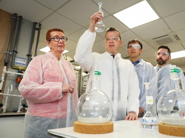 Millicent Pharma, a specialty pharmaceutical company focused on women's health, has announced a multimillion pound investment in its Larne manufacturing facility and the creation of over 20 new local high-quality jobs at its Larne facility.  Pictured are Ryan Loughlin, senior vice-president of Millicent Pharma with Gillian Megaw, site quality head and Willis Millar, director of production with Christopher Brady, director of technical operations