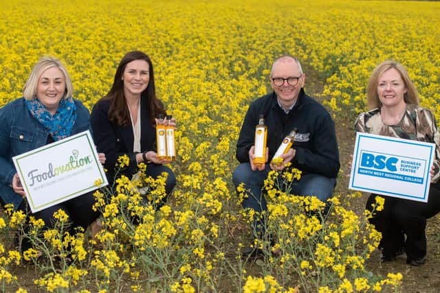 NWRC Foodovation Centre's has announced details of a new Innovate UK-funded Accelerated Knowledge Transfer (AKT) project with award-winning Limavady rapeseed oil company Broighter Gold. Pictured are Stella Graham, NWRC Foodovation Centre manager, Dr Fergal Tuffy, NWRC BSC Technology Innovation manager, Leona Kane, business owner, Broighter Gold Rapeseed Oil and Karen Marran NWRC Foodovation NWRC Technical consultant in Food Technology and announcing the new AKT collaboration