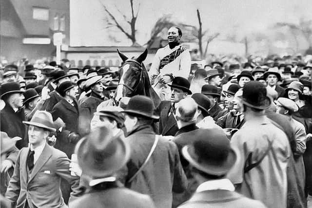 A triumphant Bob Trudgill with Master Robert at the 1924 Grand National