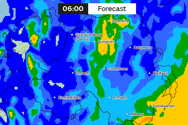 A wet start: The Met Office is forecasting heavy rain from Storm Austen across Northern Ireland at 6am on Friday.