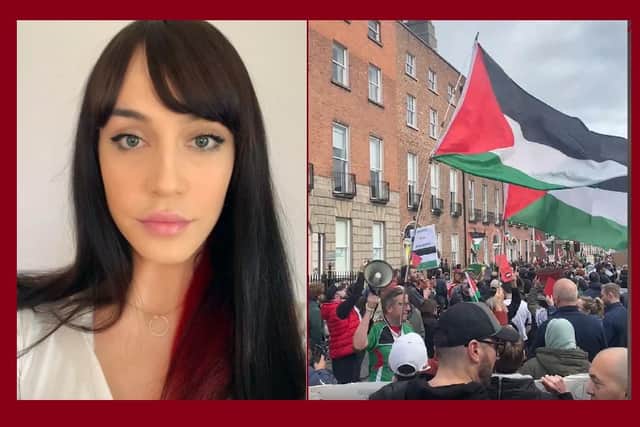 An image of Ms Carey from her LinkedIn bio, and a still from the Palestine demo she posted online