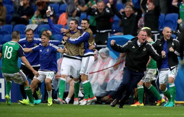 The crowning achievement of his first spell in charge was reaching the 2016 Euros in France. Above Michael O'Neill after Northern Ireland's second goal of a Euro 2016, Group C match in Lyon on June 16 of that year. Pic: Nick Potts/PA Wire