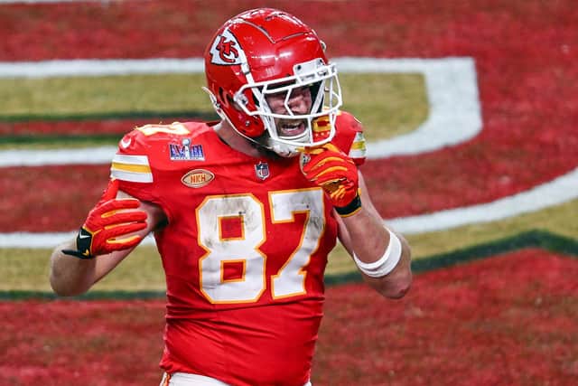 Kansas City Chiefs tight end Travis Kelce celebrates following his sides Super Bowl LVIII victory against the San Francisco 49ers on Sunday February 11, 2024. Photo: PA Wire.