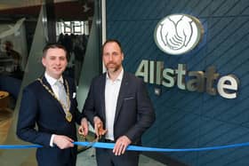Derry City & Strabane District Deputy Mayor Cllr Jason Barr and Allstate NI managing director Stephen McKeown officially opening the new Allstate NI office at the Innovation Centre, Catalyst Building in Londonderry