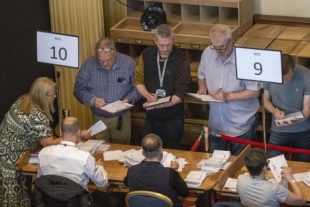 Green Party NI leaders Mal O'Hara (centre) tallying ballots as ballot boxes are opened in Belfast City Hall
