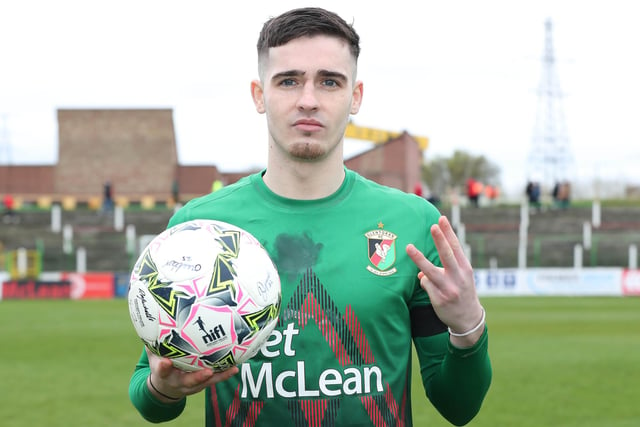 Glentoran striker Jay Donnelly with the match ball after scoring a hat-trick against Portadown