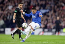 Rangers' James Tavernier scores a superb free-kick in the Viaplay Cup semi-final success over Hearts at Hampden Park. (Photo by Steve Welsh/PA Wire)