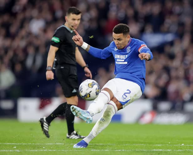 Rangers' James Tavernier scores a superb free-kick in the Viaplay Cup semi-final success over Hearts at Hampden Park. (Photo by Steve Welsh/PA Wire)