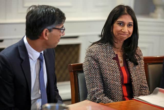 File photo taken earlier this year Prime Minister Rishi Sunak and (then) Home Secretary Suella Braverman during a visit to a hotel in Rochdale, Greater Manchester, for a meeting of the Grooming Gangs Taskforce. Credit: Phil Noble/PA Wire