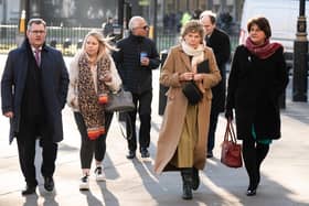 DUP leader Sir Jeffrey Donaldson (left), Ben Habib (back left), Baroness Kate Hoey (second right), and former first minister Dame Arlene Foster (right), outside the UK Supreme Court in London
