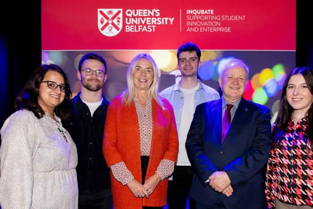 A number of innovative student and graduate-led businesses are to receive a share of £100,000 in funding from Queen’s University Belfast, as part of its new ‘InQUBate’ initiative. Pictured are winner Khaula Bhutta, winner Isaac Gibson, Queen's pro-chancellor Orla Corr, winner Liam Coyle, Queen's pro-vice-chancellor Stuart Elborn, winner Maebh Reynolds