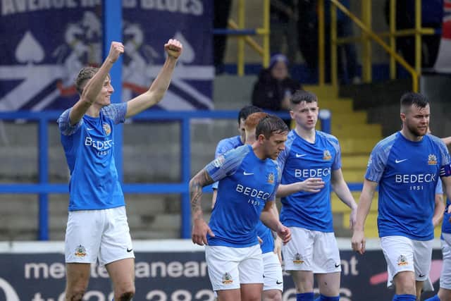 Glenavon's Isaac Baird celebrates his goal during Saturday's game against Loughgall at Mourneview Park, Lurgan. PIC: David Maginnis/Pacemaker Press