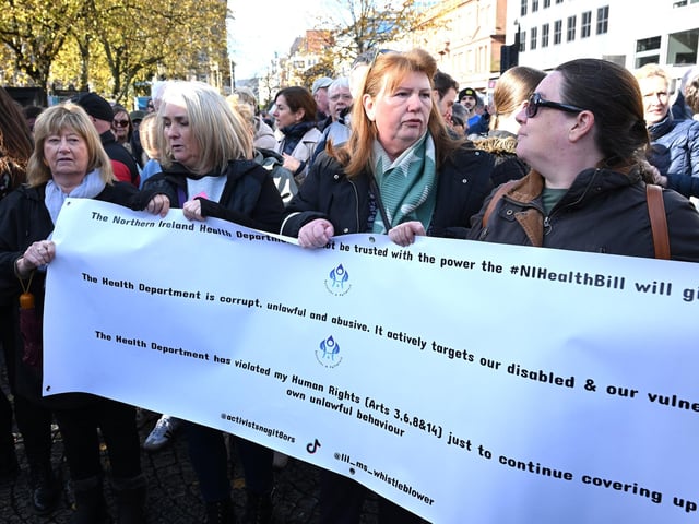 Protestors pictured at Belfast City Hall against the NI Public Health Bill. .