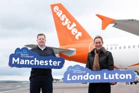 Michael Jackson, head of commercial at Belfast City Airport pictured with Katy Best, commercial director at Belfast City Airport announcing two additional easyJet services to London Luton and Manchester. Flights to both destinations will take off on June 26 and will operate up to four times a week