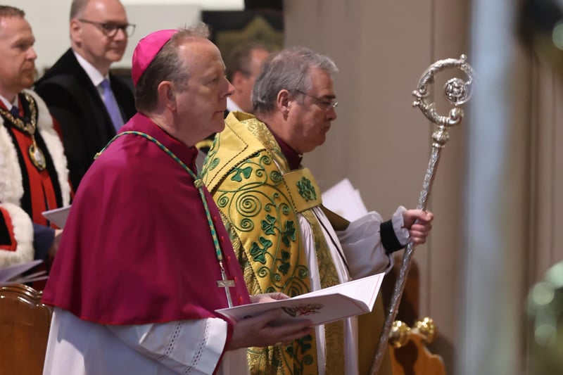 Archbishop Eamon Martin and Archbishop of Armagh, the Most Revd John McDowell,  during a Service of Thanksgiving in preparation for the Coronation of King Charles III at St Patrick's Cathedral, Armagh.