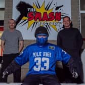 Best friends Gary Anderson and Marc Logan from Coleraine have opened The Smash Factory, a new entertainment hotspot – only the second of its kind in Northern Ireland. They are pictured with Grand Master Smash