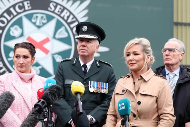 First Minister Michelle O'Neill (in tan coat) at the PSNI graduation ceremony at Garnerville in east Belfast. Left to right: Deputy First Minister Emma Little-Pengelly, PSNI Chief Constable Jon Boutcher, First Minister Michelle O’Neill and Sinn Fein’s Gerry Kelly