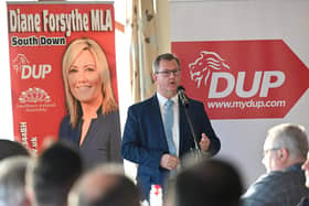 The DUP leader Sir Jeffrey Donaldson in Annalong in Co Down at a DUP business engagement event on Friday. He says respect for the principle of consent and Northern Ireland’s economic place in the Union is a pre-requisite for unionists. The democratic deficit must also be restored Pic by Press Eye