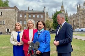 Sinn Fein MP Pat Cullen, Sinn Fein vice president Michelle O'Neill, party president Mary Lou McDonald and senator Conor Murphy speak to the media outside the Houses of Parliament in Westminster. Picture: Pol Allingham/PA Wire