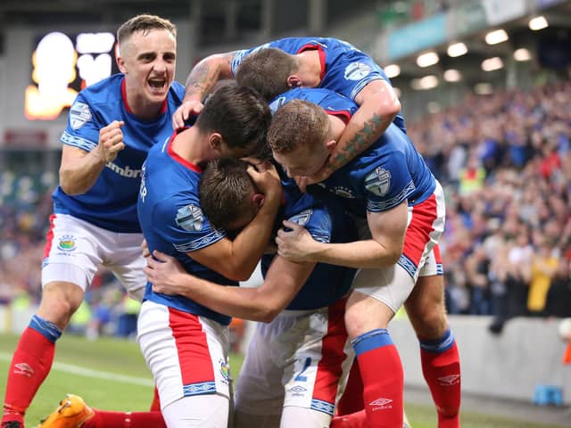 Mark Stafford celebrates after scoring for Linfield in Europa League qualifying against Qarabag. PIC: INPHO/Brian Little