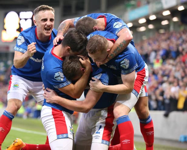 Mark Stafford celebrates after scoring for Linfield in Europa League qualifying against Qarabag. PIC: INPHO/Brian Little