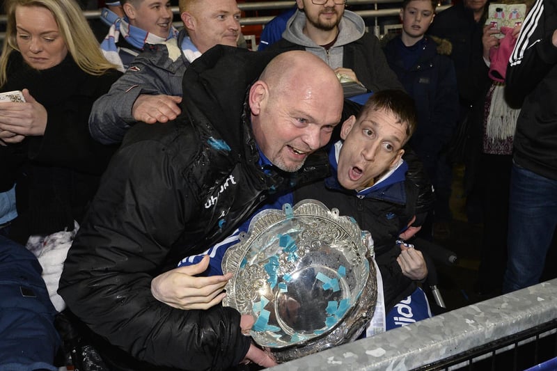 David Jeffrey celebrates winning his first trophy since joining Ballymena with the fans