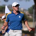 Rory McIlroy of Team Europe celebrates on the 15th green during the Sunday singles matches of the 2023 Ryder Cup at Marco Simone Golf Club in Rome, Italy. (Photo by Ross Kinnaird/Getty Images)