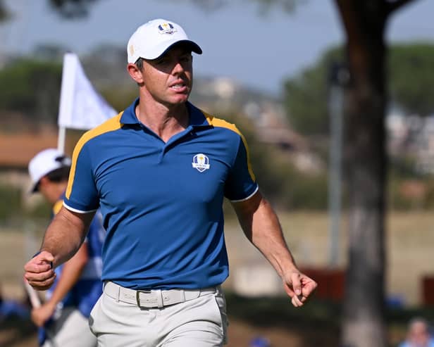 Rory McIlroy of Team Europe celebrates on the 15th green during the Sunday singles matches of the 2023 Ryder Cup at Marco Simone Golf Club in Rome, Italy. (Photo by Ross Kinnaird/Getty Images)